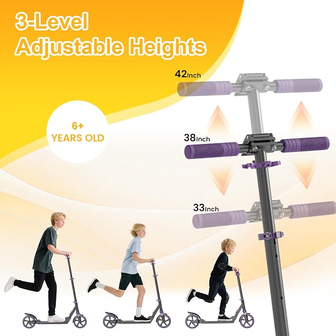 SIMATE Kick Scooter for Kids Teens & Adults, 4 Adjustable Heights, 8IN All Terrain Big Wheels, Foldable and Lightweight, Gifts for Girls Boys