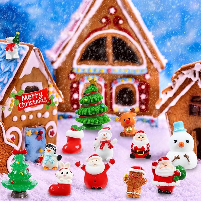 DIYDEC 32Pcs Christmas Miniature Figurines, Mini Resin Figurines to Hide Small Resin Santa Claus Snowman Xmas Trees Animals for Xmas Goodie Bag Fillers Winter New Year Holiday Party Favors Decorations