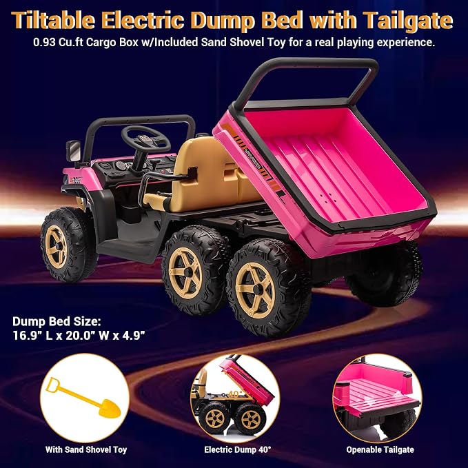 Hetoy 2 Seater Ride on Dump Truck, 24V Electric Vehicle Toys for Kids with Remote Control, Ride on Car with Electric Dump Bed, Toy Shovel, Music, LED Headlights & Spring Suspension- Ages 3+