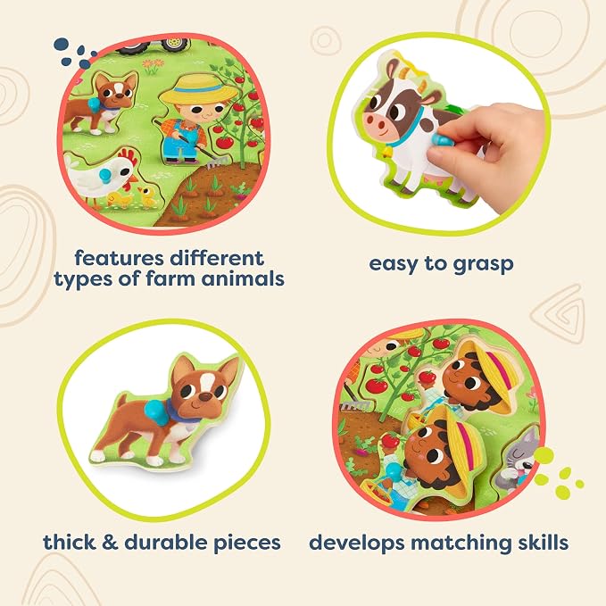 B. toys – Peek & Explore – Barnyard – Wooden Peg Puzzle – Farm Puzzle for Toddlers, Kids – 8 Barnyard Pieces – Barn, Animals, Farmers & More – 2+ Years