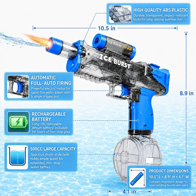 2 Pack Electric Water Gun, Squirt Blaster Automatic Toy for Kids Adults, 340cc Large Capacity, 26-32ft Long Range, Rechargeable Battery, Auto-Sync LED Lights, Summer Outdoor for Pool, Beach Backyard