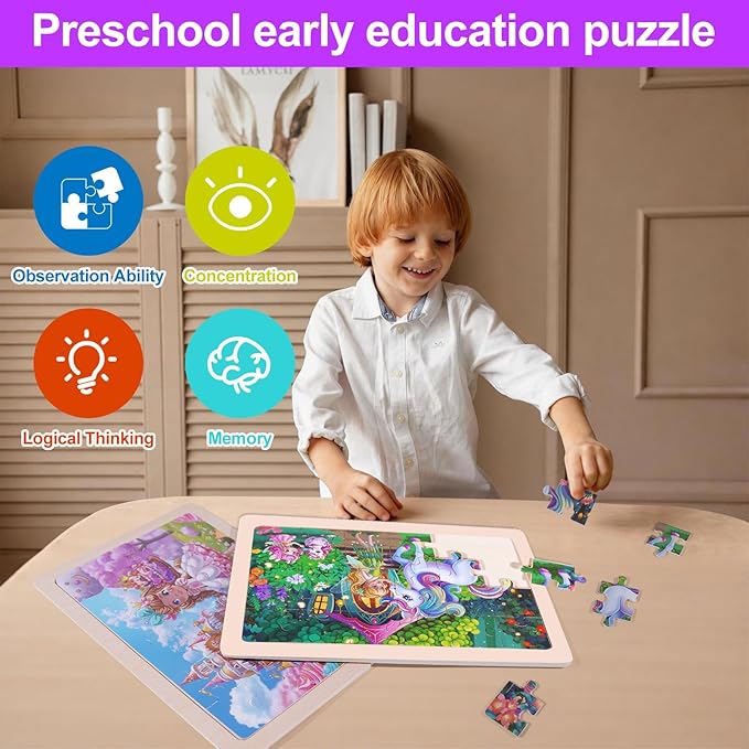 Wooden Puzzles for Kids Ages 3-5, 4 Packs Montessori Toddler Jigsaw Puzzles, Preschool Educational Toys for Children Ages 4-8, Puzzle Boards Toys for 3 4 5 6 7 8 9 Boys Girls (Animal B)