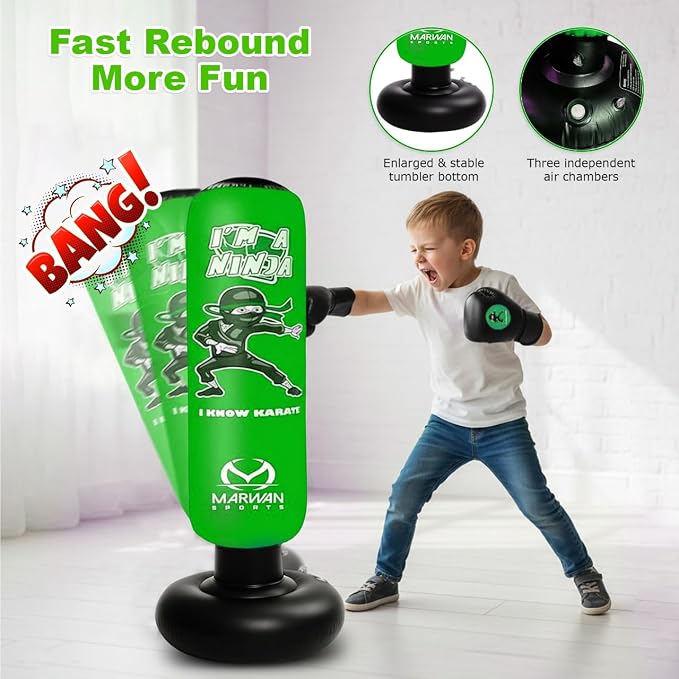Marwan Sports Ninja Kids Punching Bag — Inflatable Sensory Toy & Birthday Gift for Boys & Girls Ages 4-12, 63" Freestanding 5-in-1 Kit, Indoor Apartment-Quiet Sensory-Friendly Active Play