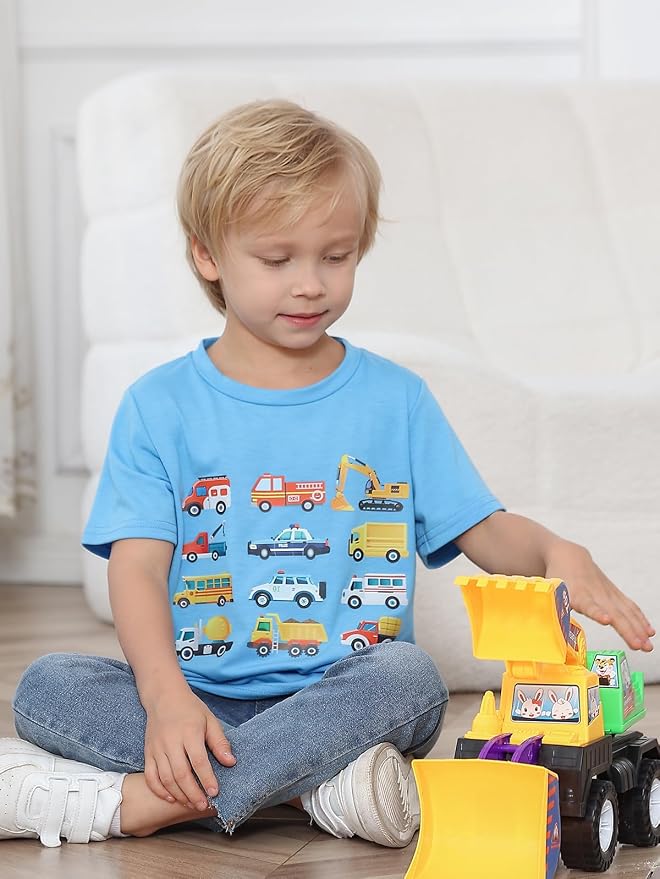 Lovekider Cotton Shirt for 3-6T Boys Truck Dinosaur Toddler Kids T-Shirt Short Sleeve Excavator Construction T-Rex Tee Shirts