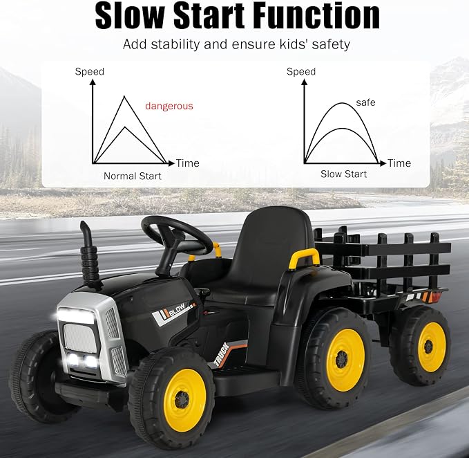 Costzon Ride on Tractor with Detachable Trailer, Kids' Electric Vehicles w/3-Gear-Shift Ground Loader, Wireless Design & USB, 7 LED Headlights, Remote Control Tractor Toy for Kids 3+ (12V, Black)