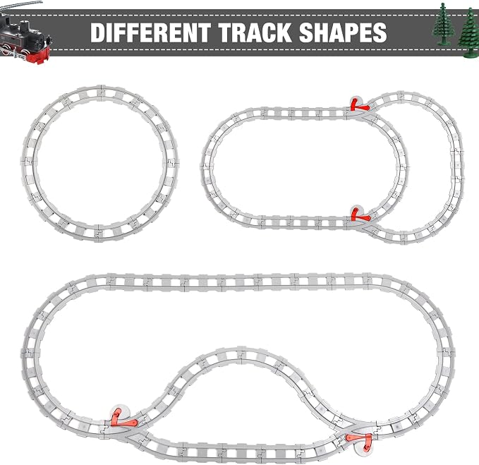 MANNIDOO 32 Pieces Train Tracks, Classic Railway Track with 20 Curved Tracks, 10 Straight Tracks and 2 Switches Tracks - Compatible with All Major Brands, Toy Track Accessory for Kid, Light Grey