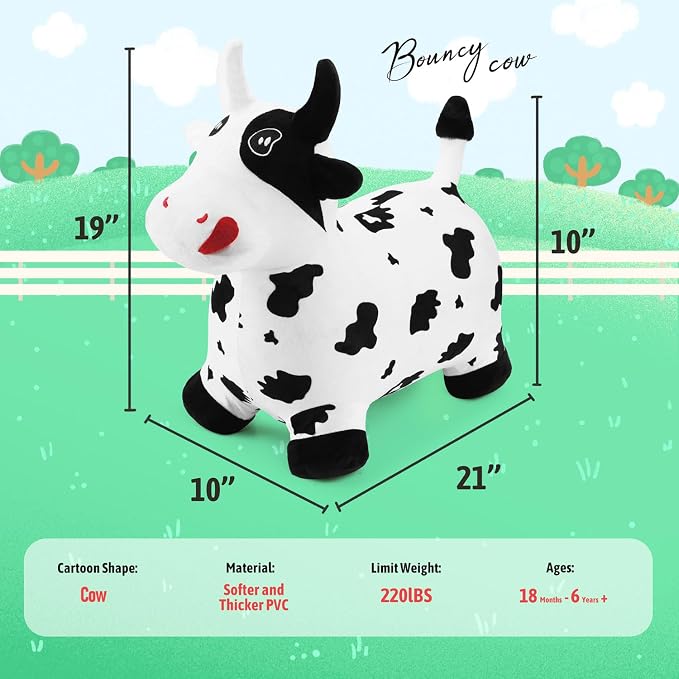 Bouncy Hopper Horse Cow Toys, Inflatable Bouncing Animal Hopping Toys, Outdoor Indoor Ride on Bouncer, Boys Girls Birthday Gift for 18 Month 2 3 4 5 6 Year Old Kid- Plush Cow Toy