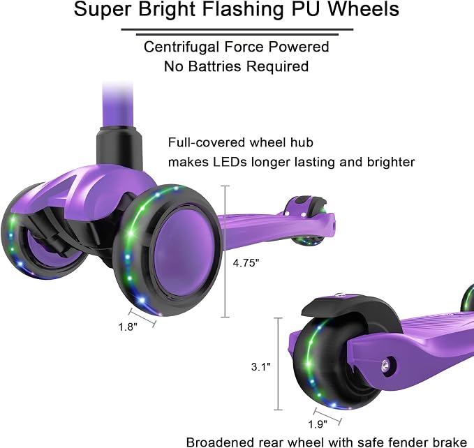 Allek Kick Scooter B03, Lean 'N Glide 3-Wheeled Push Scooter with Extra Wide PU Light-Up Wheels, Any Height Adjustable Handlebar and Strong Thick Deck for Children from 3-12yrs (Purple)