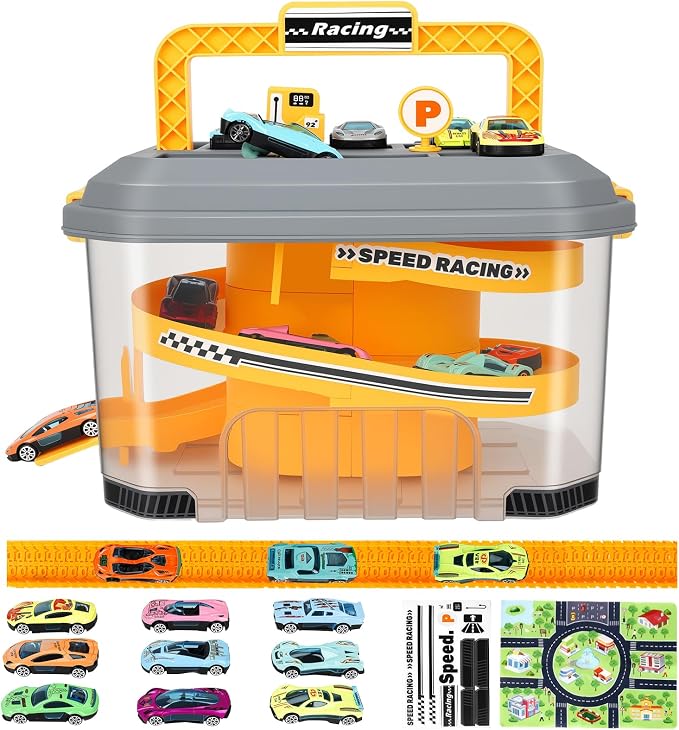Toy Car Track Storage Playset - Toddler Toys for Ages 3-4, Car Track Set Including 12 Diecast Cars, PlayMat, Race Tracks, Car Ramp, Kids Birthday Gift for 3 4 5 6 Year Old Boys