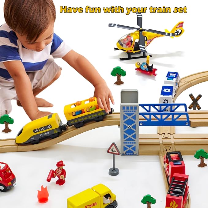 Battery Operated Police Train for Wooden Train Tracks with Figures Kids Magnetic Wooden Trains Set for Toddlers Boys 3-5 4-8 (Without Battery and Tracks) (Yellow)