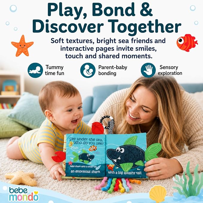 Fish Baby Book, Crinkle Books for Babies, Touch & Feel Soft Books, Infant Baby Toys 0-3 0-6 6-12 Months, Sensory Mirror Toy,Teether Ring, Baby Shower, Baby Basket Stuffers,Gifts for Boys Girls -Green