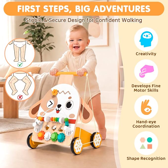 Wooden Baby Walker, 6-in-1 Push Walker for Toddlers | 6-in-1 Puppy Activity Walker with Shape Sorter, Bead Maze, Gears and Rubber Wheels for Toddlers 12-36 Months