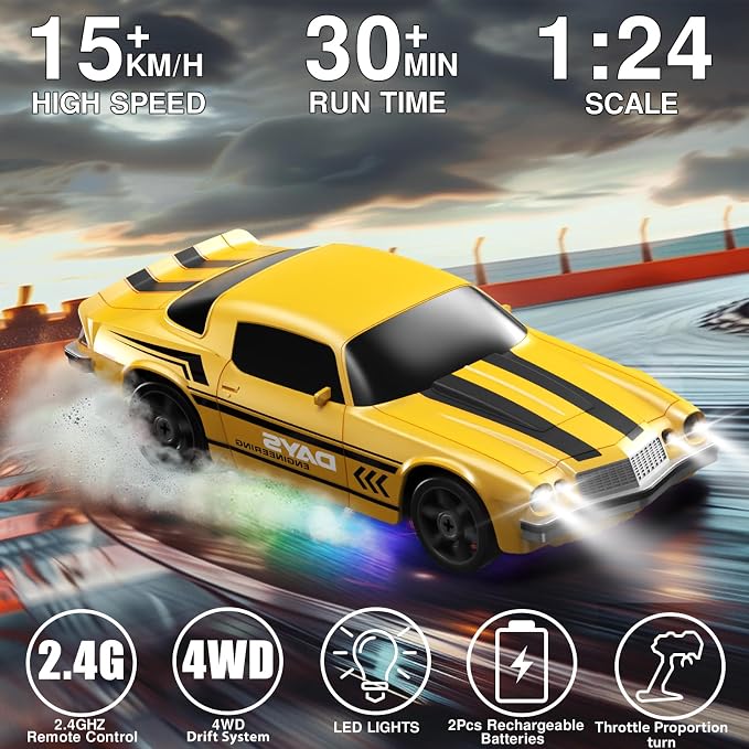 Remote Control Car RC Drift Car 2.4GHz 1:24 4WD 15KM/H High Speed Racing Sport Car with LED Lights Drifting Tire Racing Sport Toy for Adults Boys Girls Kids Gift 2Pcs Rechargeable Batteries