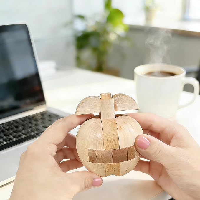 Brain Teasers Wooden Apple Puzzles for Adults - Challenging 3D IQ Logic Games for Teens 14+, Stress Relief Desk Toys & Office Decor, Unique Gifts for Women,Men,Grandparents (Natural)