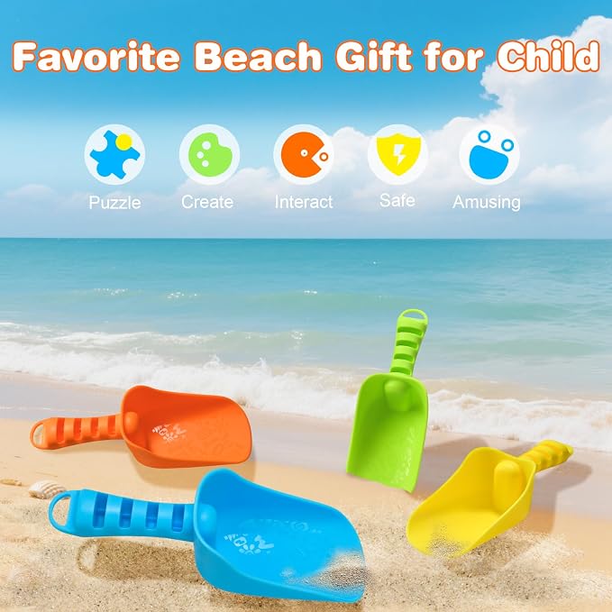 Sand Beach Shovels for Kids Heavy Duty Plastic Summer Sand Scoops Toy 4 Pack (Blue, Green, Yellow, Orange) Sandbox Garden Digging Play Gift Set Party Bundle-8.3inch