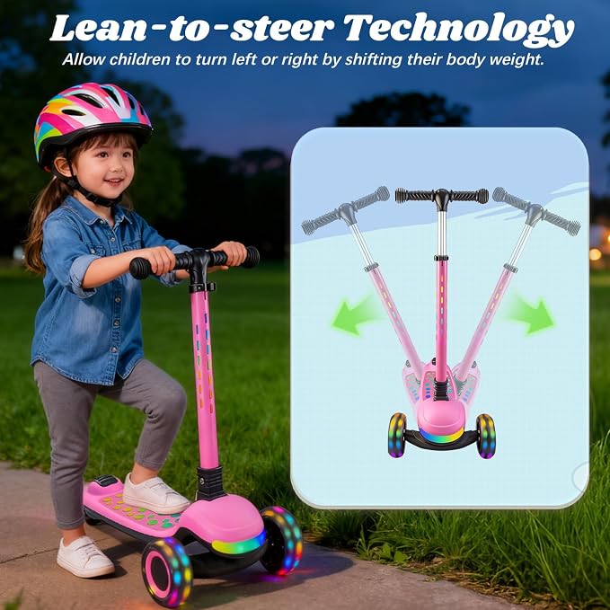 Light Up 3 Wheel Kick Scooter for Kids Toddlers with LED Sync Lights, Flashing Stem & Wide Polka Dot Deck Adjustable Height Music Function Safe Sturdy Folding Scooter for Kids