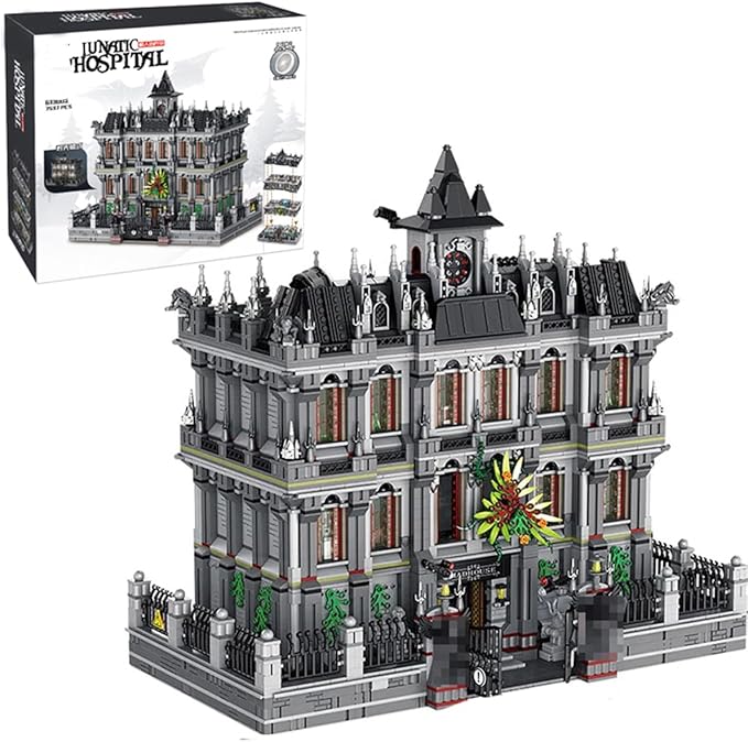 Lunatic Hospital Building Blocks Set, Gothic Architecture Model with LED Lights, Collectible Display Kit for Adults, 7537 Pieces Challenging Construction Toy for Halloween Decor