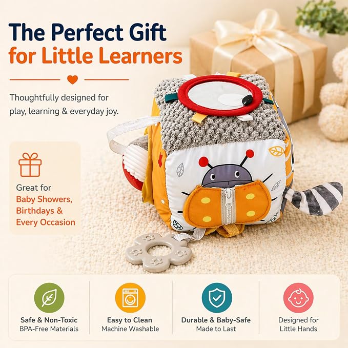 Baby Activity Cube Toy 8-in-1 for Babies 6-12 Months | Montessori Sensory Cube with Mirror, Teether, Crinkle Textures & Fine Motor Activities | Soft Busy Cube Toy for Toddler