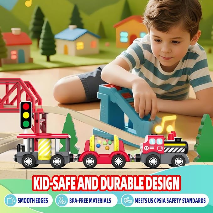 SteamBuilder Battery Powered Train for Wooden Tracks – Red Classic Steam Locomotive with 3 Magnetic Cars – Lights & Sounds – Compatible with Brio, Thomas – Train Toys for Toddlers Ages 3+