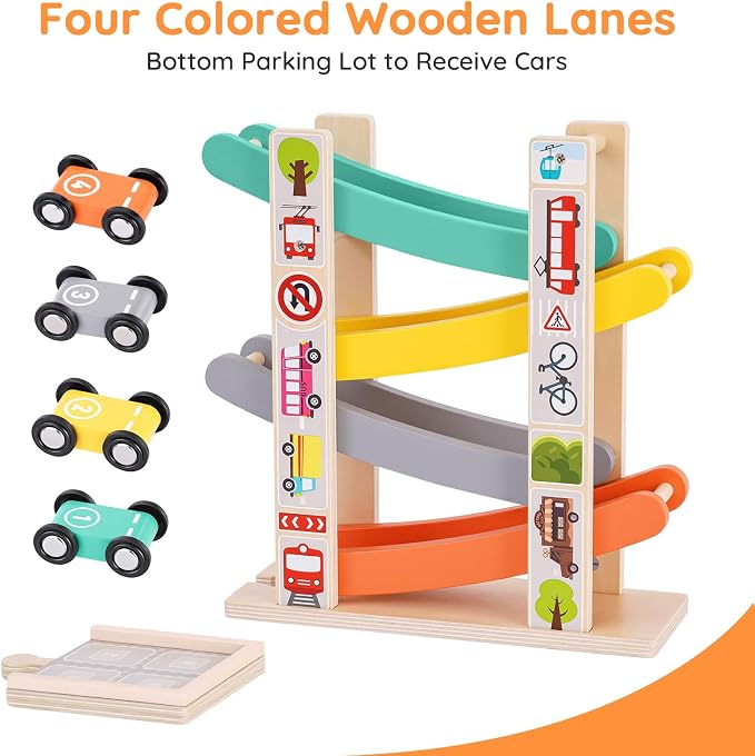 Car Ramp Toys for One Year Old Boy, Toddler Montessori Toys, Wooden Car Tracks for Toddlers 1-3, Race Cars Ramp Track with 4 Mini Cars & Parking Lots, 1st Birthday Gifts Boy