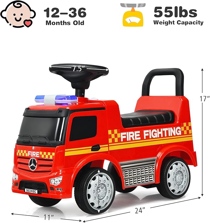 Costzon Ride On Push Car for Toddlers, Licensed Mercedes Benz Sliding Car w/Steering Wheel, Horn, Headlights, Under Seat Storage, Foot-to-Floor Riding Toy for Boys Girls 18-36 Months (Fire Truck, Red)