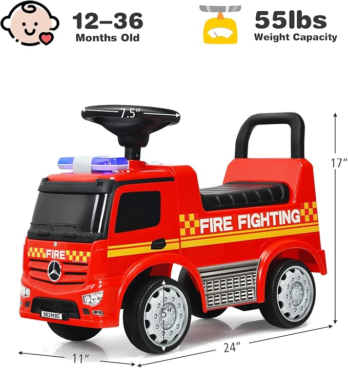 HONEY JOY Ride On Push Car, Licensed Mercedes Benz Push Cars for Toddlers w/Horn, Music, Lights, Under Seat Storage, Foot-to-Floor Ride On Fire Truck Toy for Kids Boys Girls 1-3, Red
