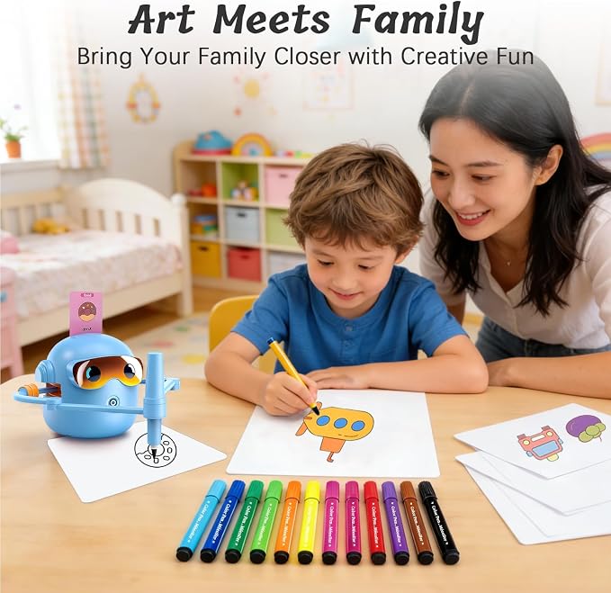 Drawing Robot for Kids with Voice Read & Music Educational Drawing Machine, Montessori Painting Learning Toy for Age 3-12, 4 Paintbrushes/100 Cards/12 Colorful Pens, Gift for Boys & Girls