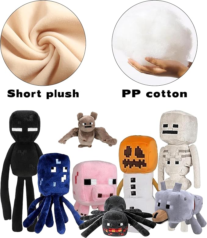 XSLWAN 8Pack Snow Golem Plush, Enderman Plush, Baby Wolf, Baby Pig, Spider, bat, Skeleton Shooter, Squid Stuffed Animals Toys，Great Gift for Children and Fans.
