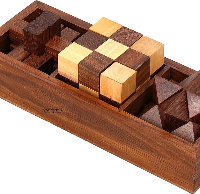 TOSQP27 Gift Wooden Brain Teaser Puzzle Set for Adults & Teens – 3-in-1 Interlocking Burr, Snake Cube & Star Puzzle with Handmade Wooden Storage Box – Mind Challenge Logic Game