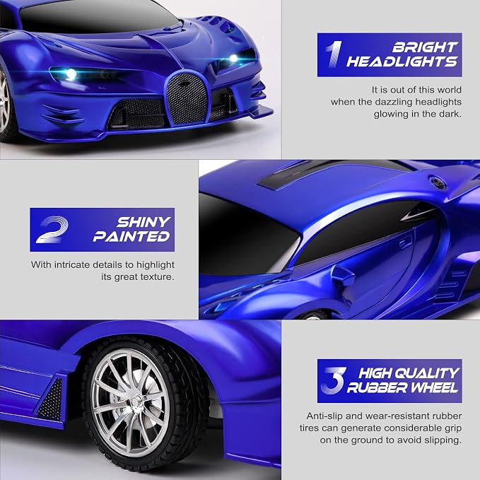 Remote Control Car 1/18 High Speed RC Cars Toys for Boys Girls Vehicle Racing Hobby with Headlight Xmas Birthday Gifts for Kids (Blue)