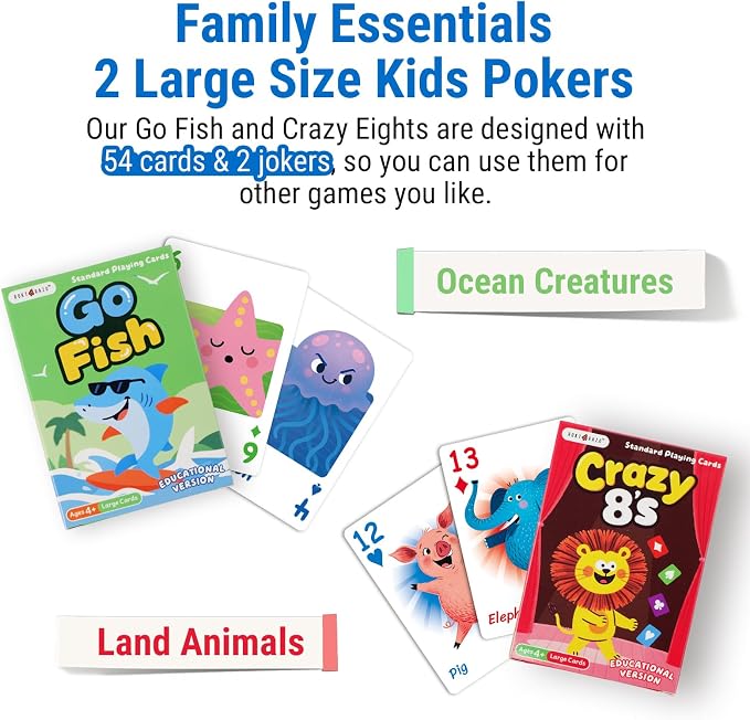 Educational 6 in 1 Kids Card Games, Alphabet & Simple Math, Large Cards | 6 Themes Designed With Mordern Education Concepts, Go Fish, New Old Maid, Gift for Kids 4+, Card Holders Included