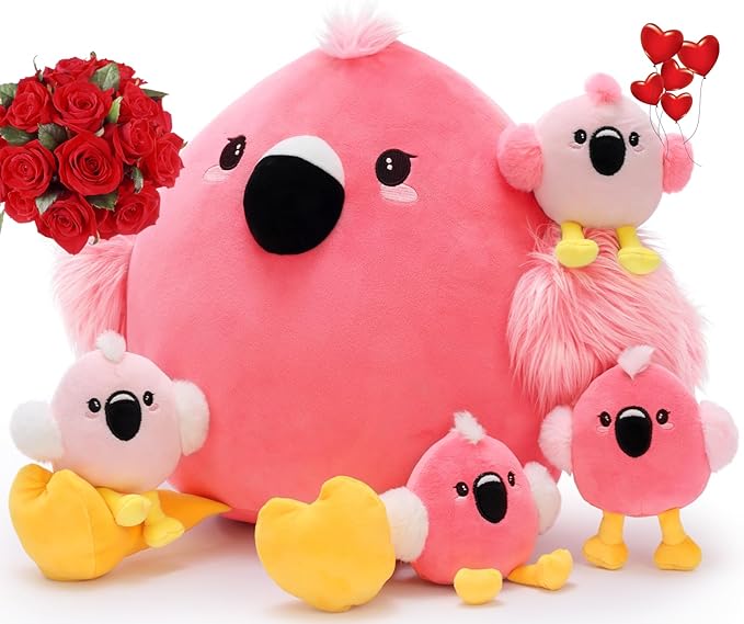 Tezituor Pink Flamingo Stuffed Animal, 5 in 1 Flamingo Plush Toy Pillow with 4 Babies, Zippered Tummy Mommy Flamingo Plushie Gift for Girls Kids, Mother’s Day Valentine’s Day Birthday Christmas