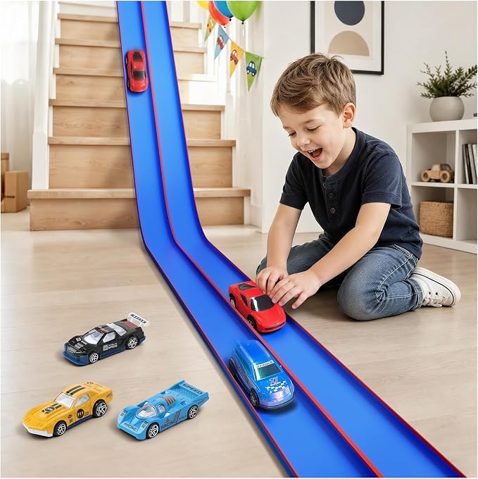 Upgrade Flexible Race Track for Kids, 15 Ft Flex Race Car Ramp Track with 4 Cars & Suction Cups - Compatible with Diecast 1/64th Cars, Car Tracks Toys for Kids Boys Girls Ages 3 4 5 6+ (Blue)