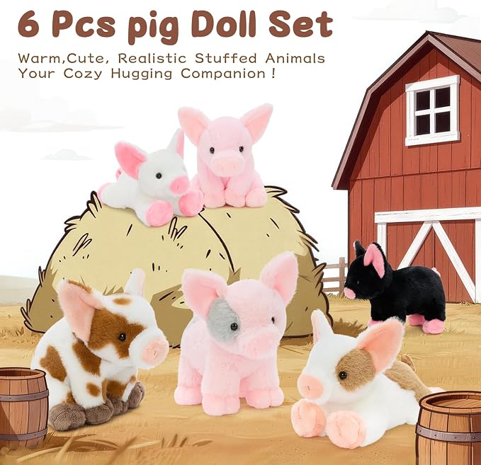 Tezituor 6 Pack Pig Stuffed Animals, 10 Inch Pig Plush Toys Bulk, Cute Soft Assorted Pig Plushies in Pink, White and Spotted, Farm Animal Plush Toys for Kids, Birthday Gifts, Party Favors