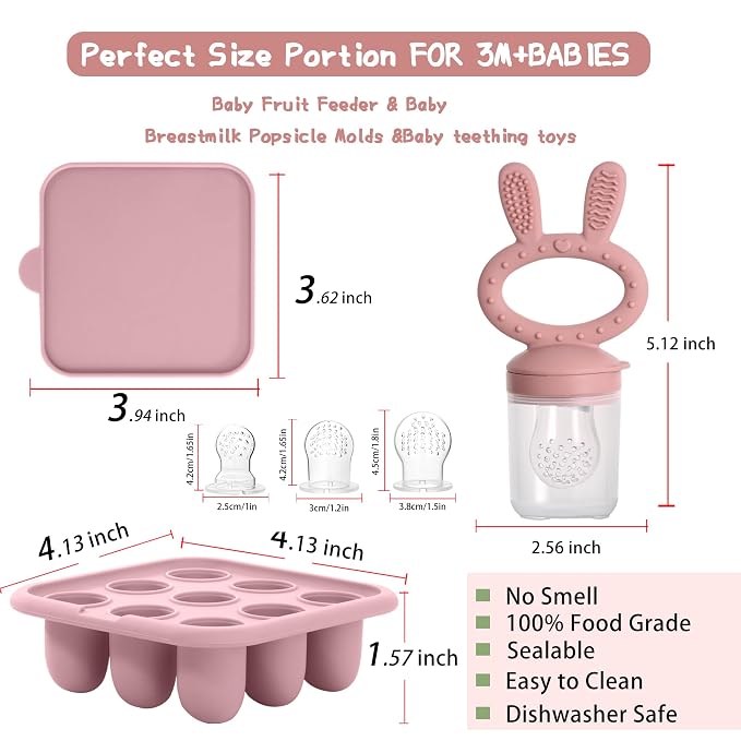 Baby Breastmilk Popsicle Molds & Baby Fruit Feeder (3 Pack), Baby Food Freezer Tray Storage Containers, Silicone Teething Pacifier Feeder and Teether for Babies,Baby Feeder-Pink