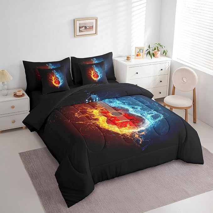 Feelyou Guitar Comforter Set with Sheets Queen Size Rock Music Bed in a Bag for Boys Girls Teens Black Orange Blue 7 Pieces Bedding Set Soft Lightweight Microfiber