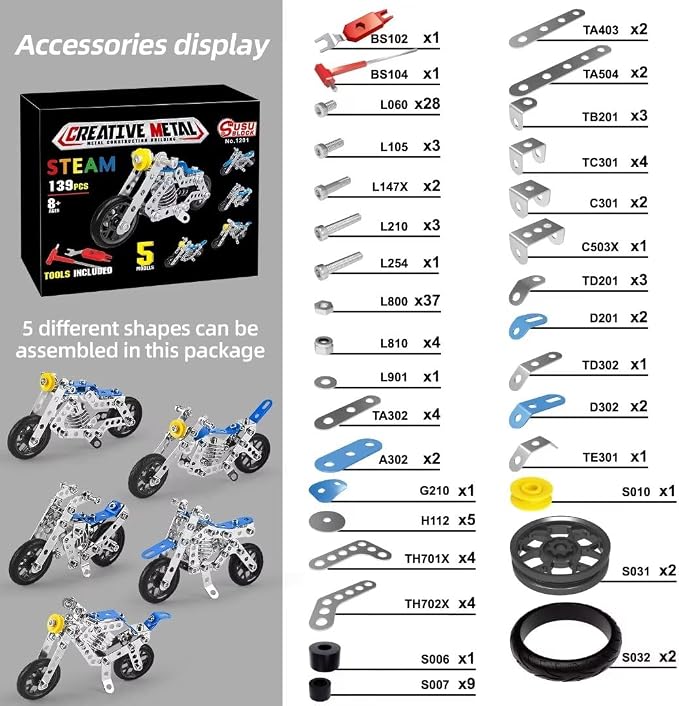 Ferthor Fun Creative Set Motorcycle,Stem Building Projects Toys for Kids 8 9 10 11 12+ Year Old,Metal Building Construction Model kit, 5 in 1 Motobike Building Blocks Steam Educational Toys(139PCS)