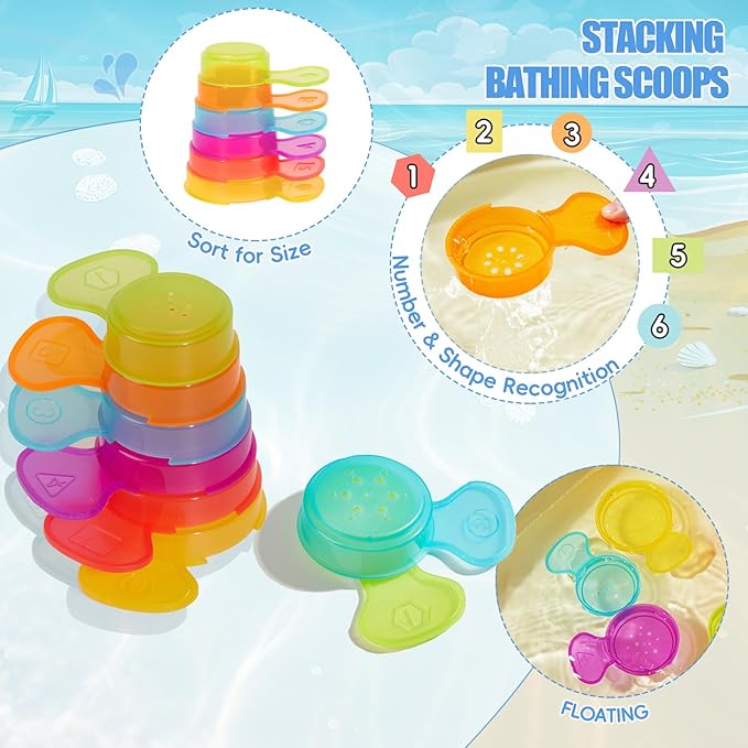 AMCHSURI 11 Pack Mold Free Bath Toys, Open Seamless Quick Dry Design, Stackable Scoops & Floating Boats, Water Play Toys for 12 18 Months & 1-3 Years Old Toddlers, Bathtub Pool Water Table Toys