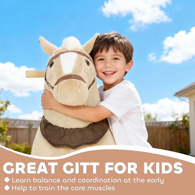 Qaba Ride on Horse for Kids 3-5 Years, 31.5 Inch Height Plush Riding Pony, Walking Horse Animal with Rolling Wheels for Active Play, No Batteries Required, Brown