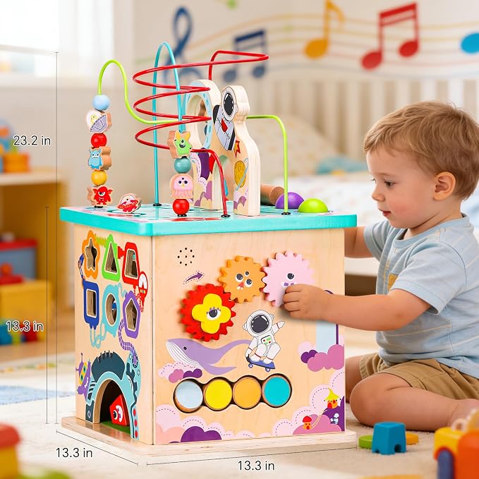 Pre-Assembled 9 in 1 Large Wooden Activity Cube. Educational Learning Toy for Kids with Bead Maze, Shape Sorter and Music Gears and More. for Toddlers 18 M+. Birthday Gifts for Boys and Girls
