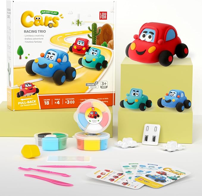 Air Dry Clay Kit for Kids - Pull Back Car Making, 3 Boxes Modeling Clay with Sculpting Tools, Base, Backing Board, Tutorial, Ultra Light & Soft, Non-Toxic & Safe, Creative DIY Arts and Crafts Toys