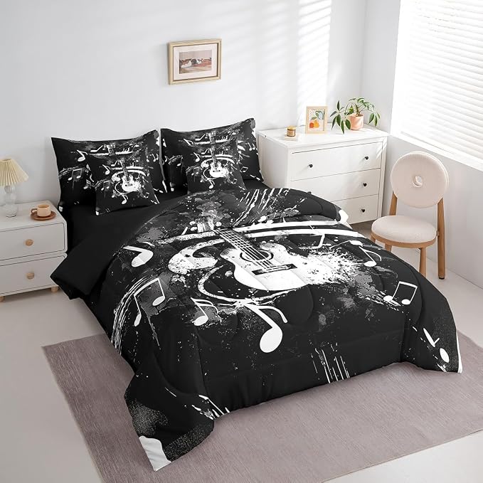 Feelyou Guitar Comforter Set with Sheets Twin Size Rock Music Bed in a Bag for Boys Girls Teens Black 7 Pieces Bedding Set Soft Lightweight Microfiber