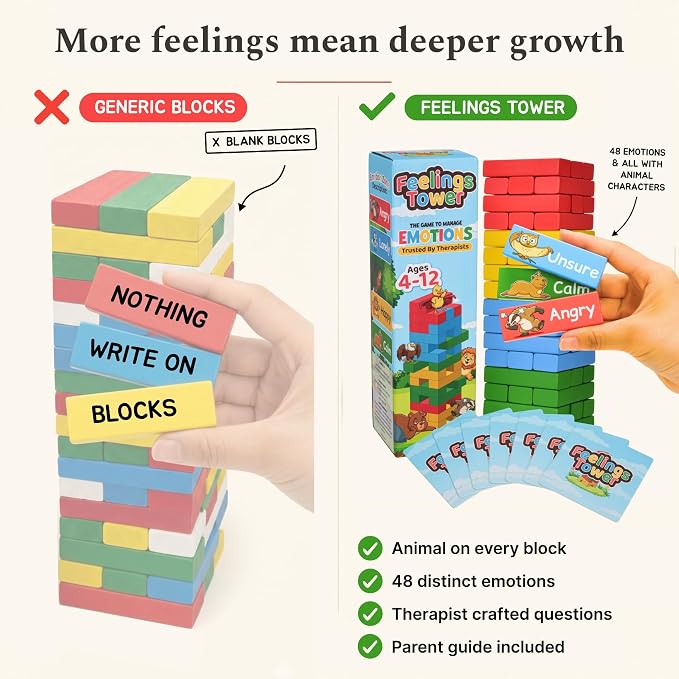 Feelings Tower Therapy Games for Kids & Teens - Social Emotional Learning Toy, 48 Emotion Cards & Animal Stacking Blocks - Play Therapy Toys, SEL & Social Skills Games for Kids, Counseling