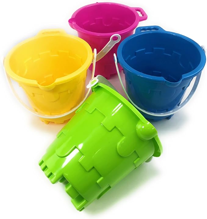 Matty's Toy Stop Beach Gear 7" Plastic Castle Mold Sand Buckets (Pails) with Easy Pour Spout and Handle Blue, Pink, Green & Yellow Party Set Bundle - 4 Pack