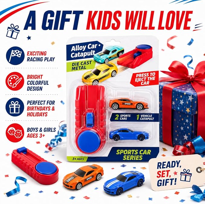 Die Cast Toy Cars with Catapult Launcher | 2 die-cast sports cars with a manual press launcher for indoor racing and vehicle-themed play.