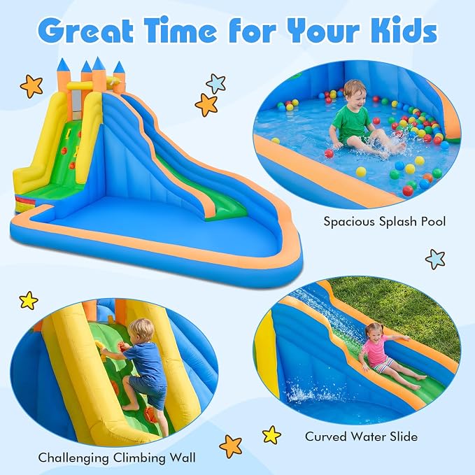 Costzon Inflatable Water Slide, Giant Bouncy Waterslide Park for Kids Backyard Outdoor Fun w/550w Blower, Climbing, Splash Pool, 2-pcs, Blow up Water Slides Inflatables for Kids 3-12 Party Gift
