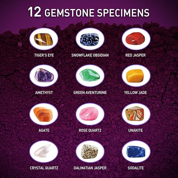 Gemstone Dig Kit, Dig Up 12 Real Gems for Kids,Gem Dig Kit with Tools & Learning Cards,Educational Geology Kit for Boys Girls Ages 6+