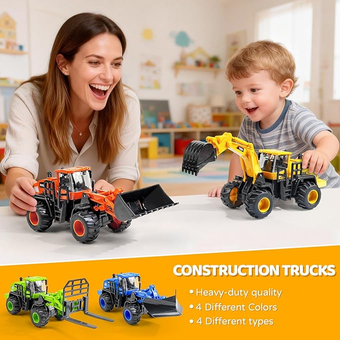 Beestech Construction Truck Toys for 3 4 5 6 7 8 Years Old Boys, Truck Vehicles Sand Sandbox Beach Toys, Excavator Forklift Bulldozer Friction Powered