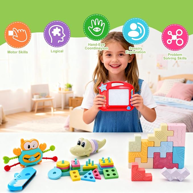 Montessori Baby Toys for 6-12 Months,Babies Travel Toy Set with Stacking Blocks, Pull Teether, Sensory Shape Sorter, Drawing Board & Harmonica, Infant Learning Gift for Toddler 1-3 Year Old