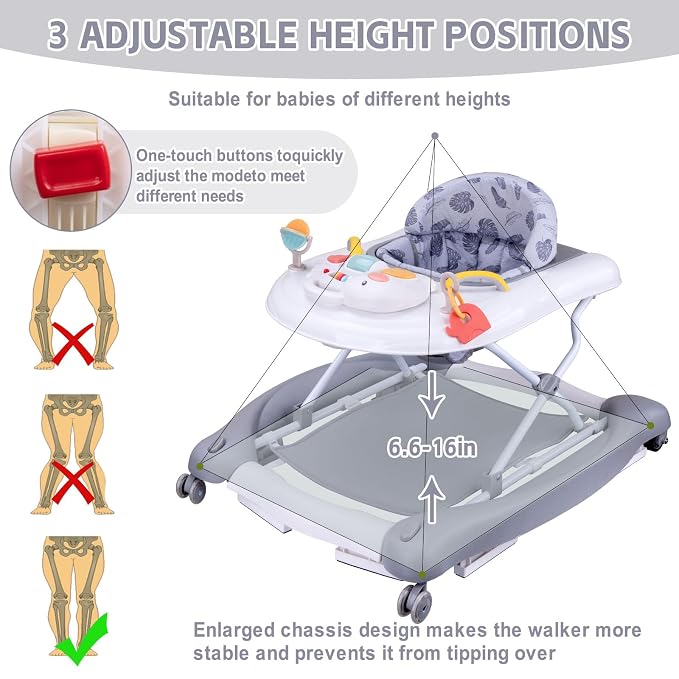 5 in 1 Foldable Baby Walker, Activity Baby Walker-Baby Bouncer, Rocker, Activity Center,Seat and Push Walker,Detachable Trampoline Mat, Adjustable Speed Rear Wheels and Height,Ages 6-18 Months(Grey)